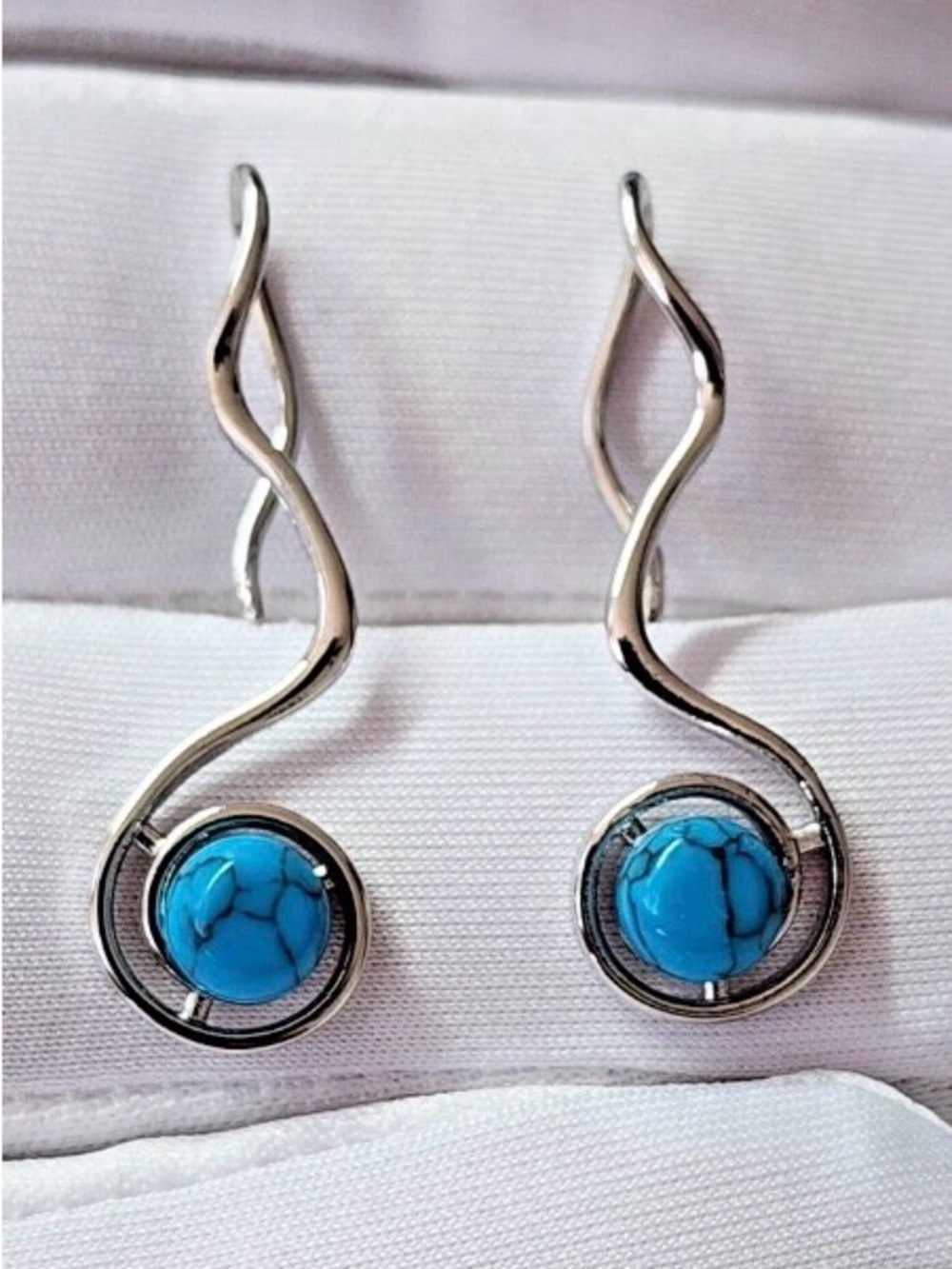 Turquoise Stone Silver-Tone Swirl Drop Earrings. NWT.